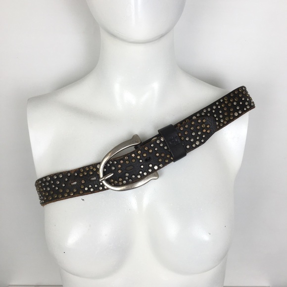 Brown Genuine Leather Belt Mixed Metal Studs Silver Tone Buckle Women’s Size L - Picture 4 of 10